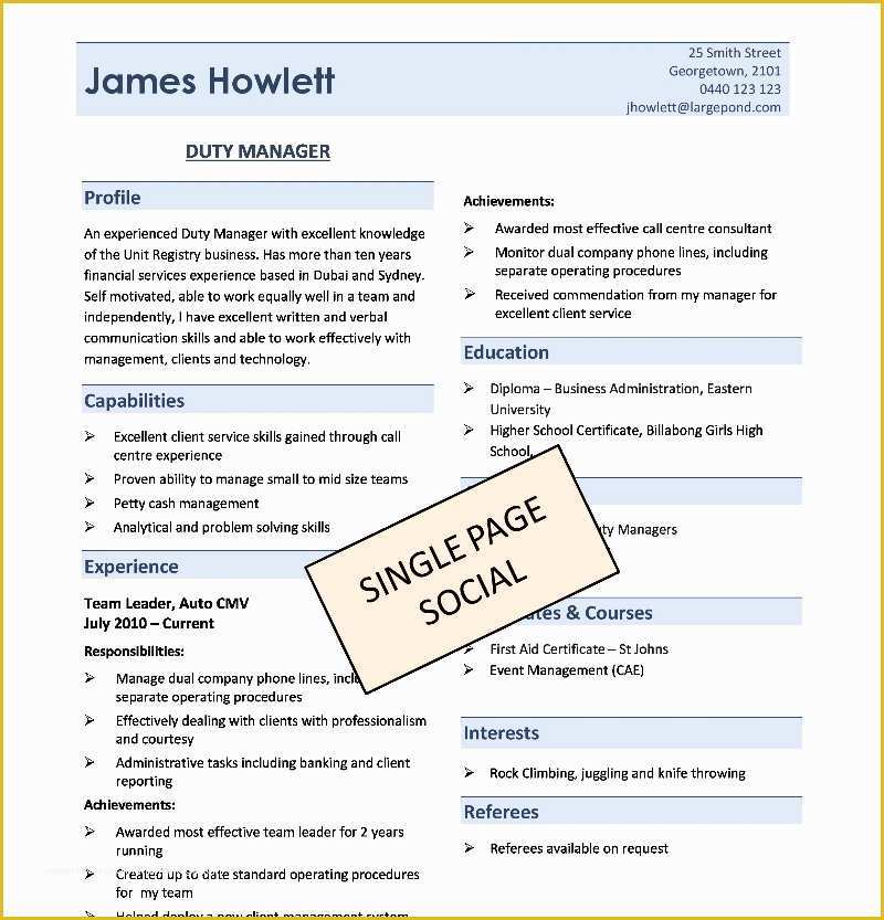 Single Page Resume Template Free Of E Page Resume Template