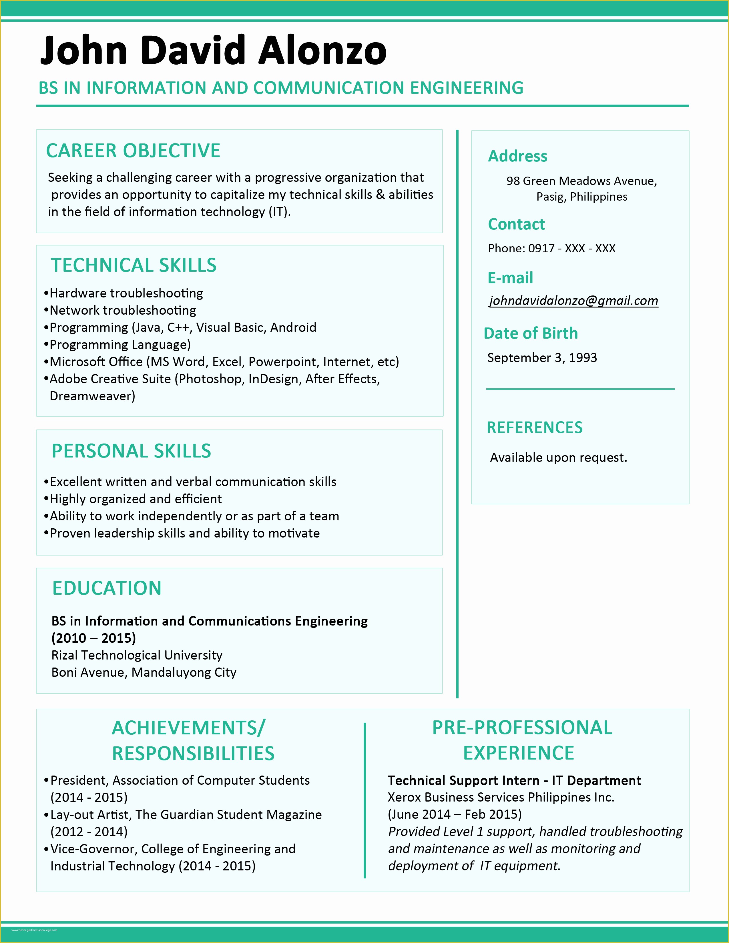 Single Page Resume Template Free Of Sample Resume format for Fresh Graduates E Page format