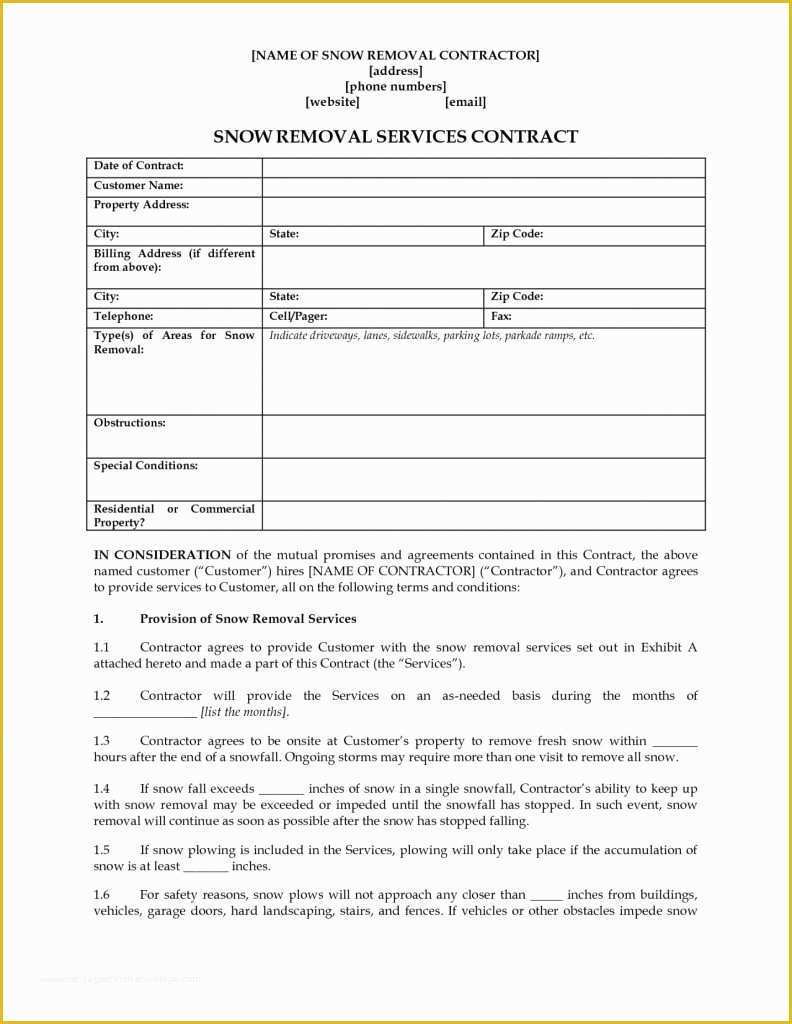 Snow Removal Contract Template Free Of Snow Removaltracts Template Mercialtract Fixed Seasonal