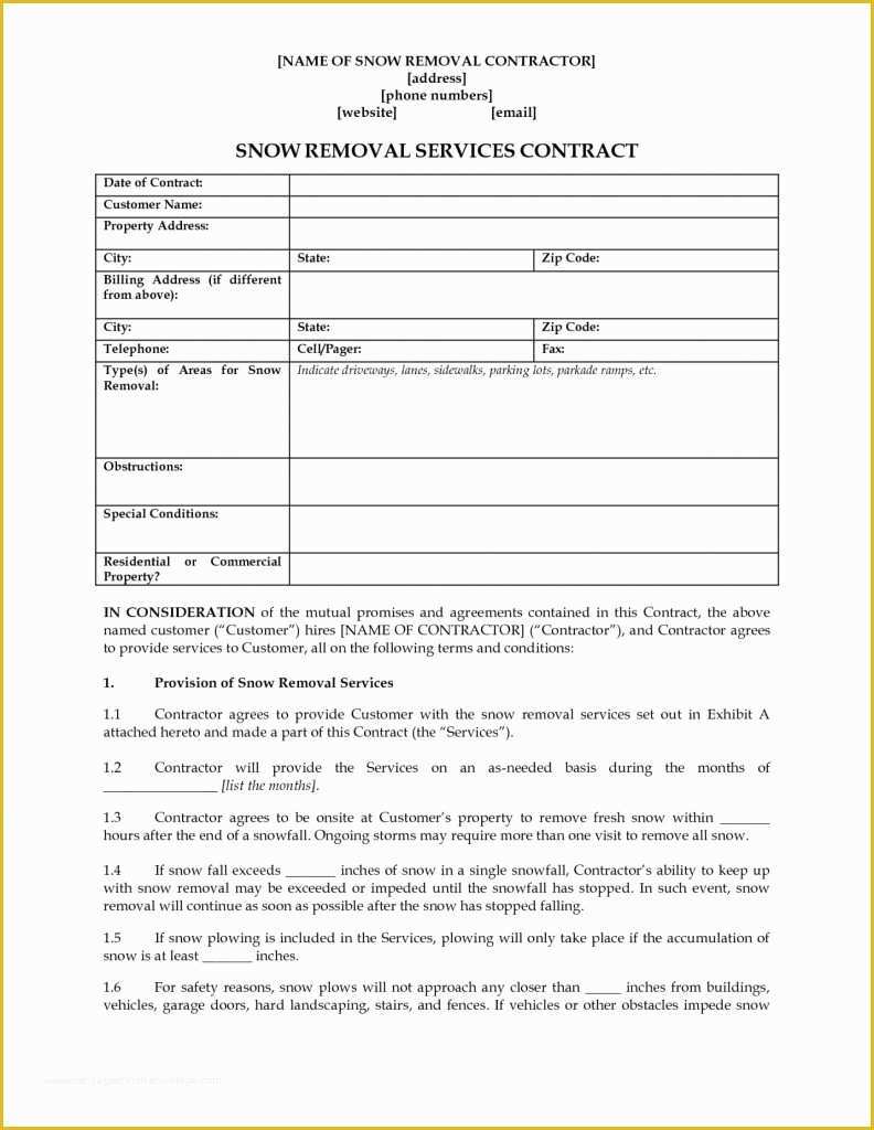 Snow Removal Contract Template Free Of Snow Removaltracts Template Mercialtract Fixed Seasonal