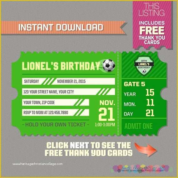 Soccer Ticket Invitation Template Free Of soccer Ticket Invitation with Free Thank You Card