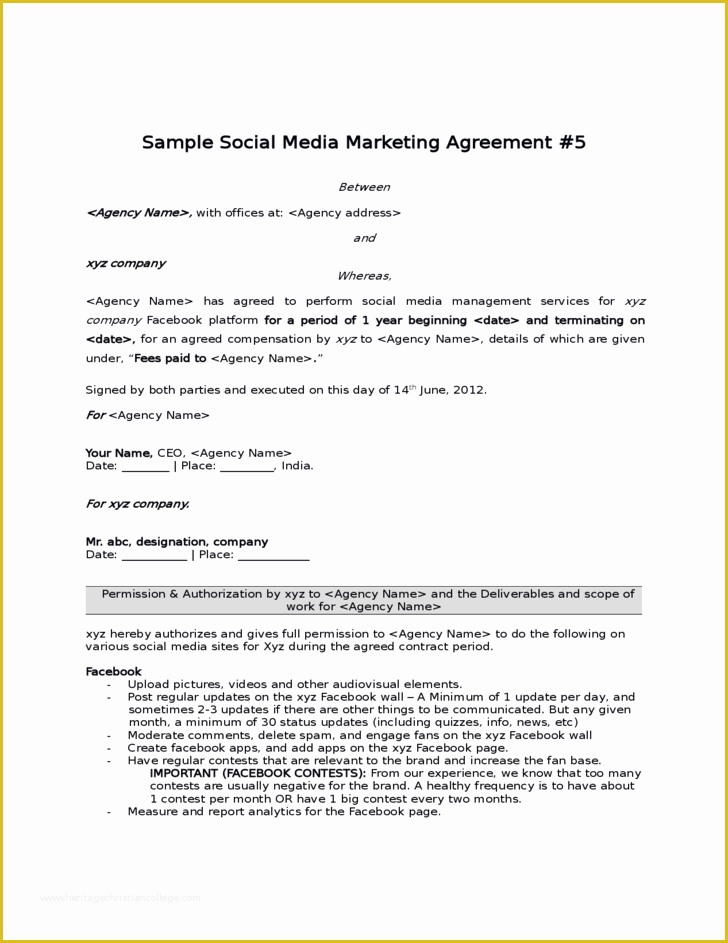 Social Media Contract Template Free Of Marketing Agreement Contract