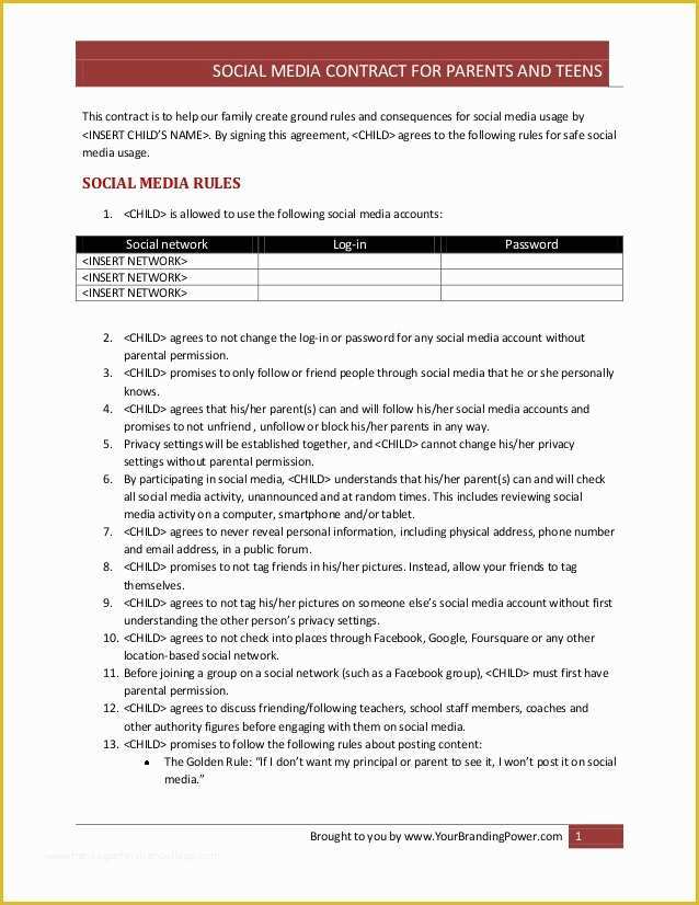 Social Media Contract Template Free Of social Media Contract for Parents and Teens