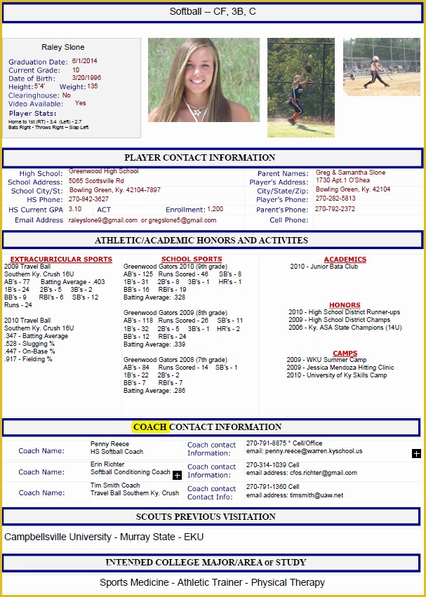 Softball Profile Template Free Of athletic Resume Template Free Resume format Templates