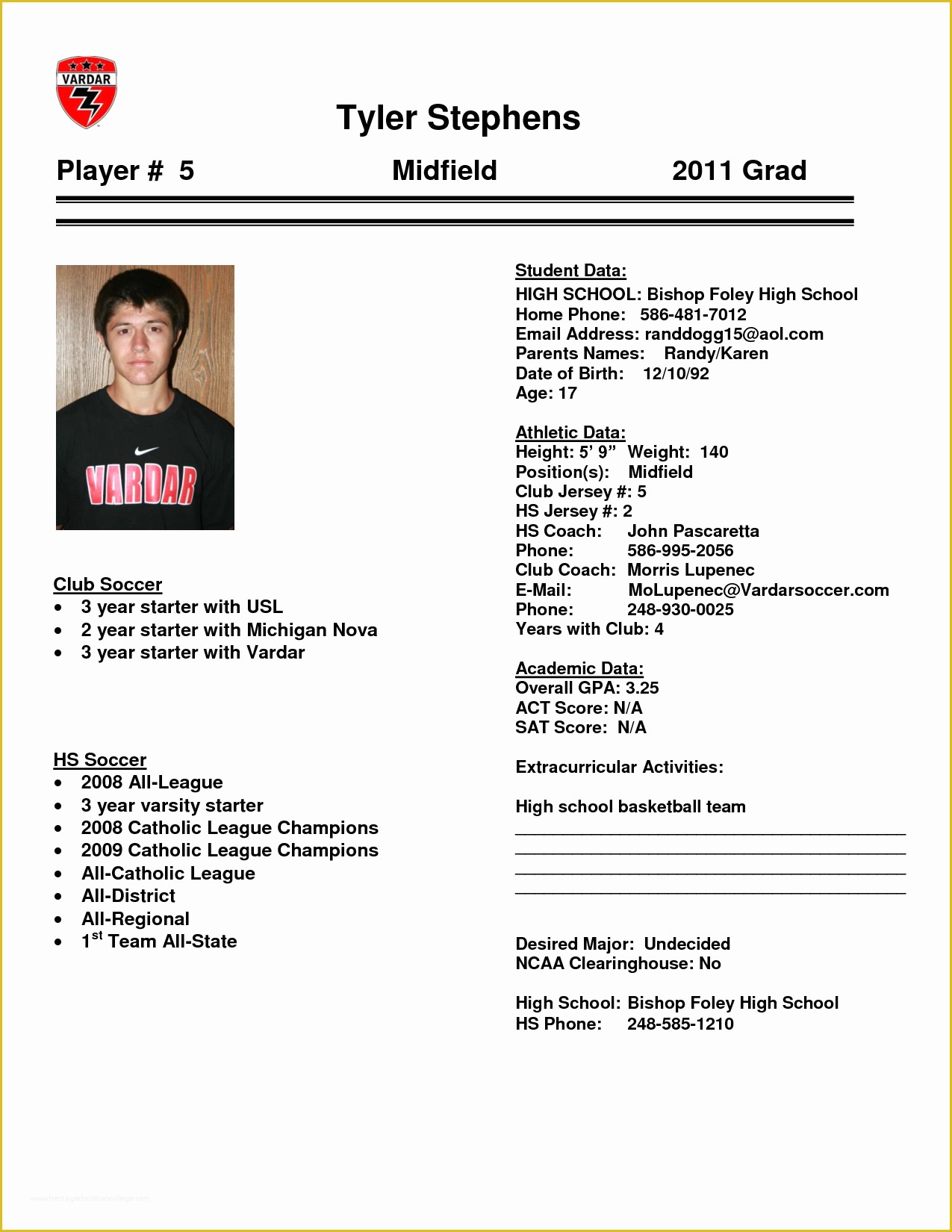 Blank Softball Player Profile Template