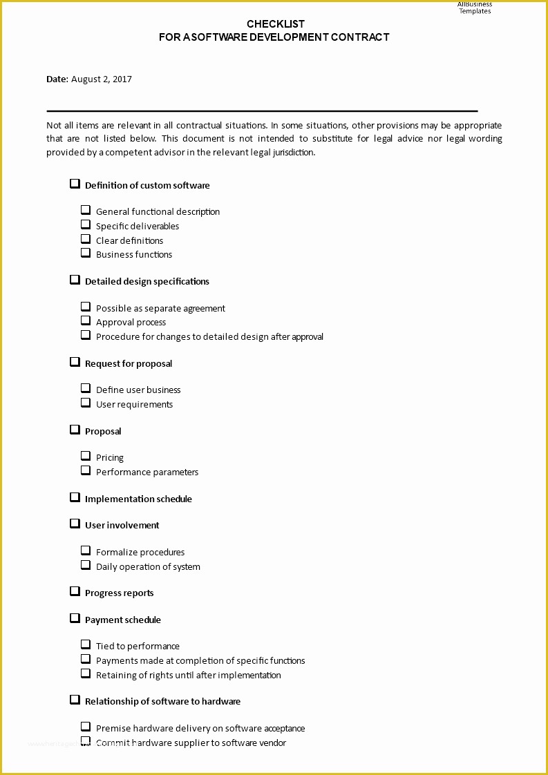 Software Development Contract Template Free Of software Development Contract Checklist