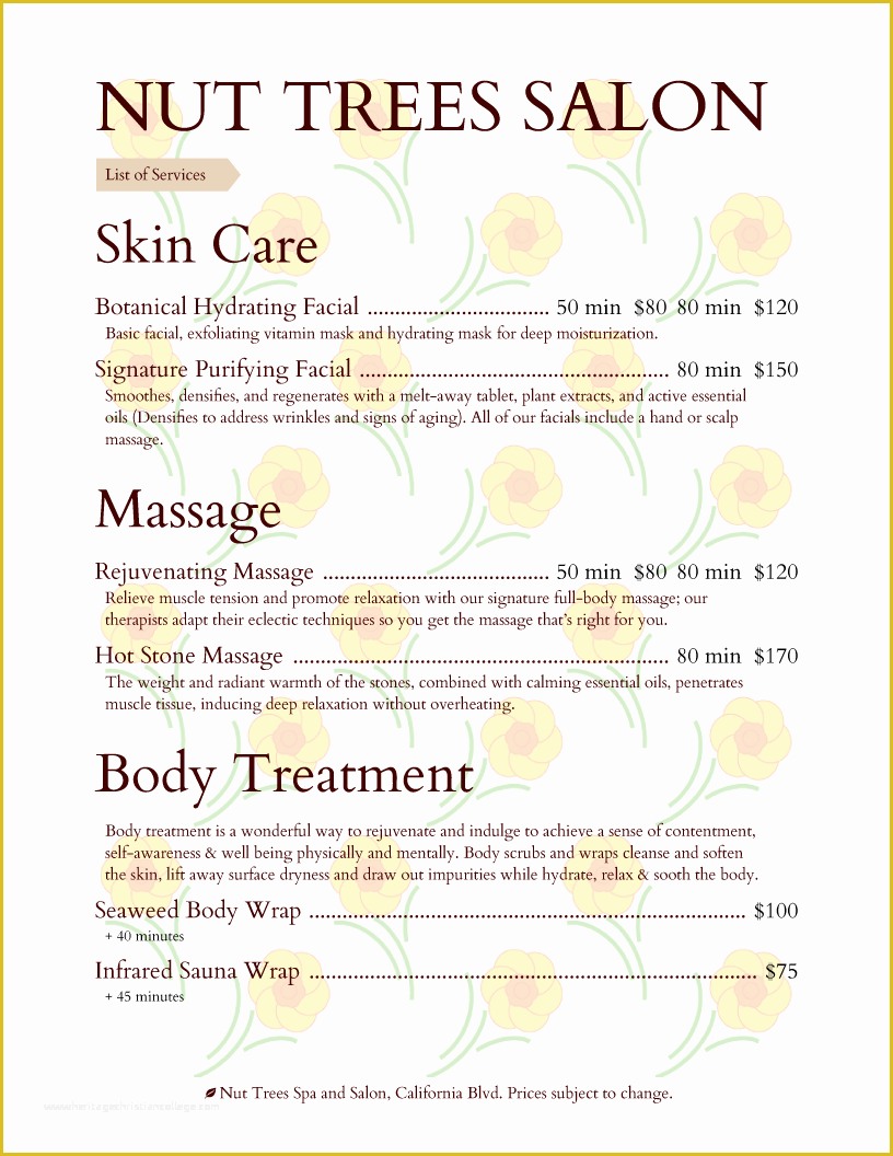 Spa Menu Template Free Of Salon Menu Templates From Imenupro 