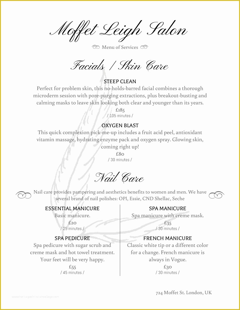 Spa Menu Template Free Of Spa and Salon Menu Designs From Imenupro More Than Just