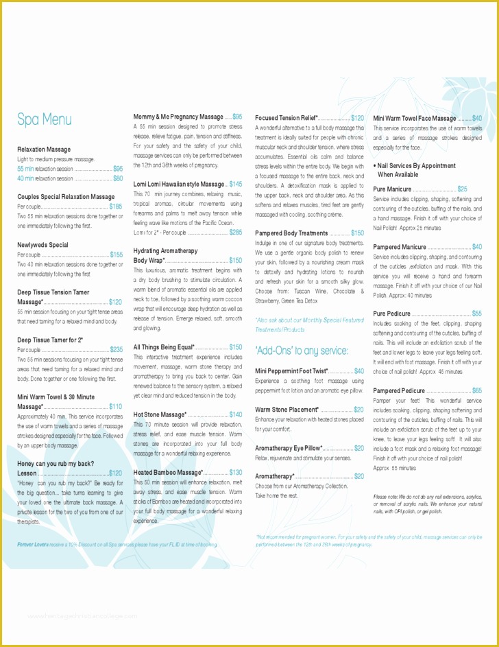 Spa Menu Template Free Of Standard Spa Menu Template Free Download