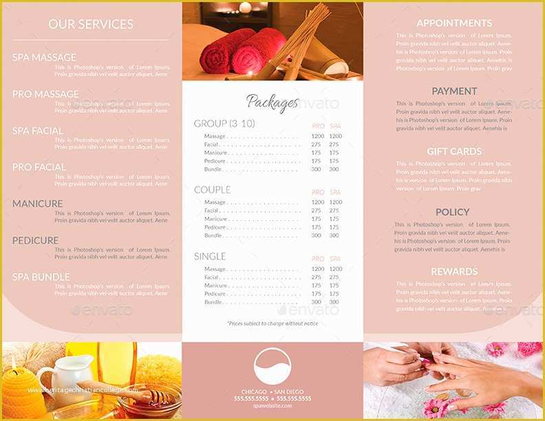Spa Menu Template Free Of Tri Fold Brochure & Business Card Templates Spa by