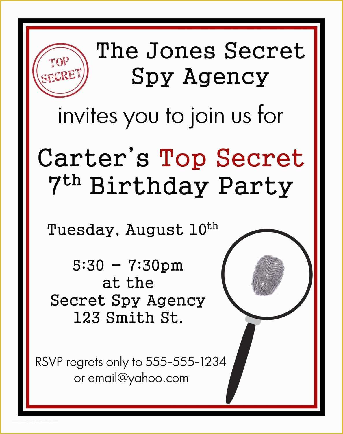 Spy Birthday Party Invitation Template Free Of Secret Agent Spy Birthday Invitations