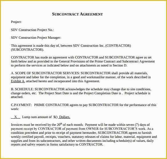 Subcontractor Agreement Template Free Of 15 Sample Subcontractor Agreements