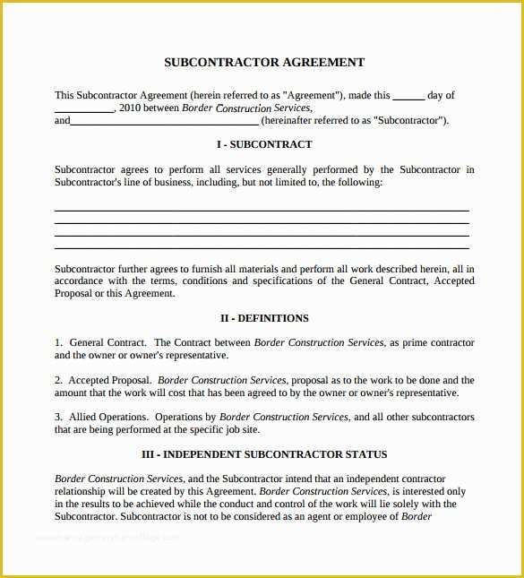 Subcontractor Agreement Template Free Of 15 Sample Subcontractor Agreements