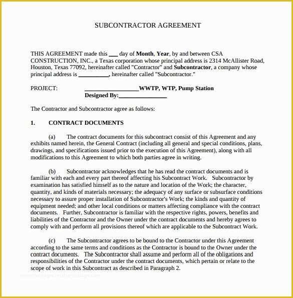 Subcontractor Agreement Template Free Of 15 Sample Subcontractor Agreements