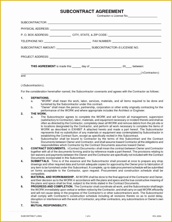 Subcontractor Agreement Template Free Of Agreement Subcontractor Agreement