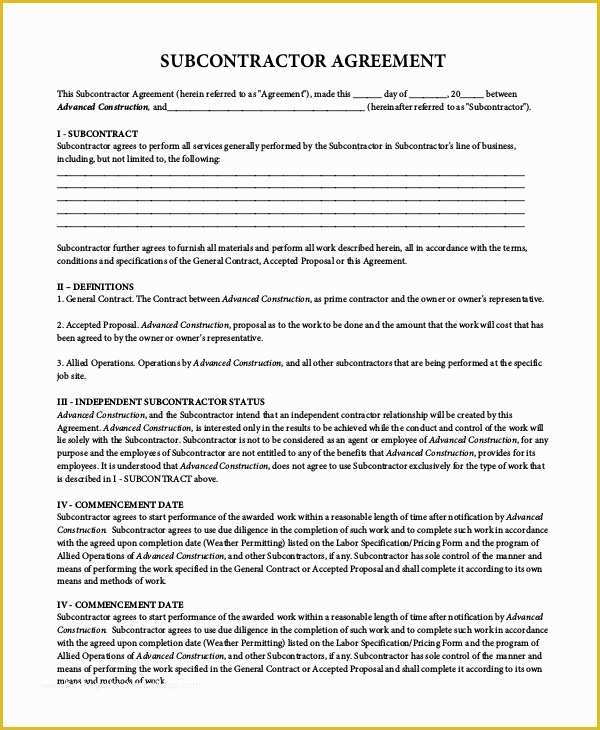 Subcontractor Agreement Template Free Of Sample Subcontractor Agreement 9 Examples In Pdf Word