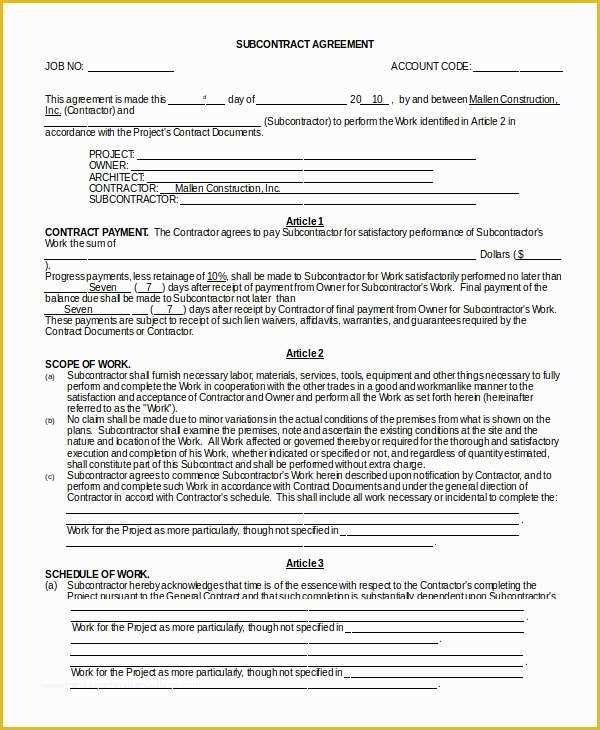 Subcontractor Agreement Template Free Of Sample Subcontractor Agreement 9 Examples In Pdf Word