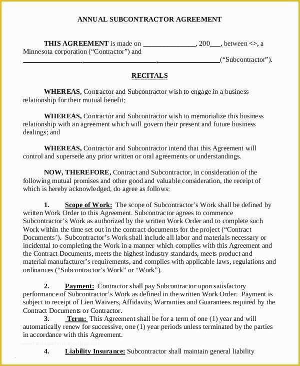 Subcontractor Agreement Template Free Of Subcontractor Agreement 11 Free Word Pdf Documents