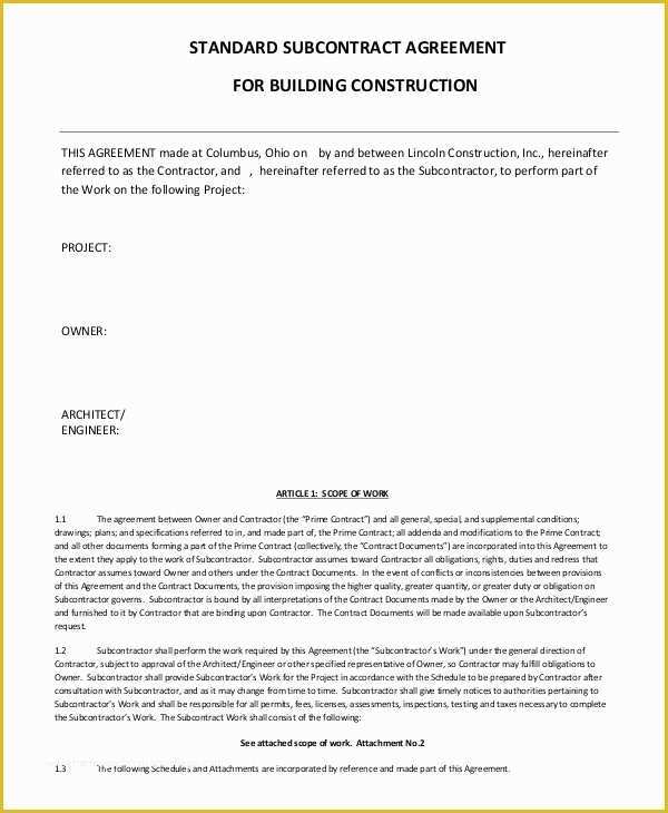 Subcontractor Agreement Template Free Of Subcontractor Agreement 11 Free Word Pdf Documents