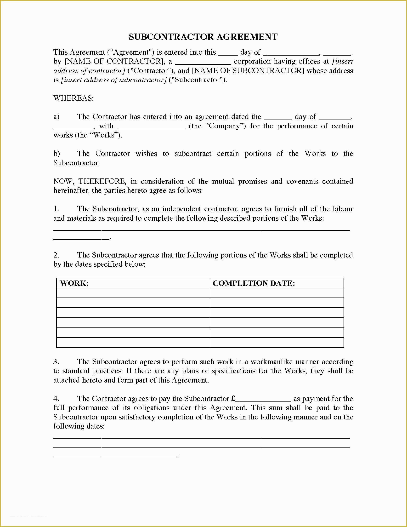 Subcontractor Agreement Template Free Of Uk Subcontractor Agreement