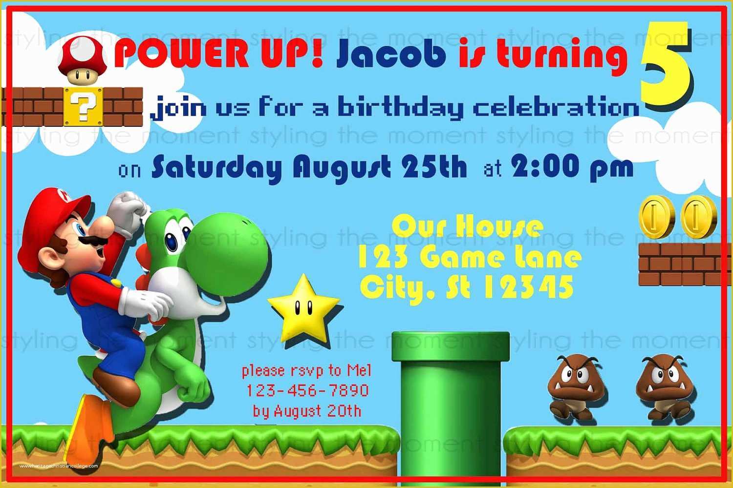 Super Mario Invitations Template Free Of Super Mario Brothers Birthday Invitations