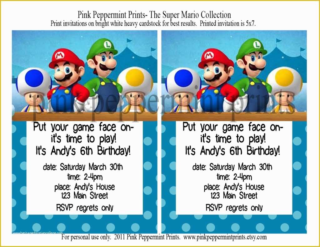 Super Mario Invitations Template Free Of Super Mario Brothers Birthday Invitations