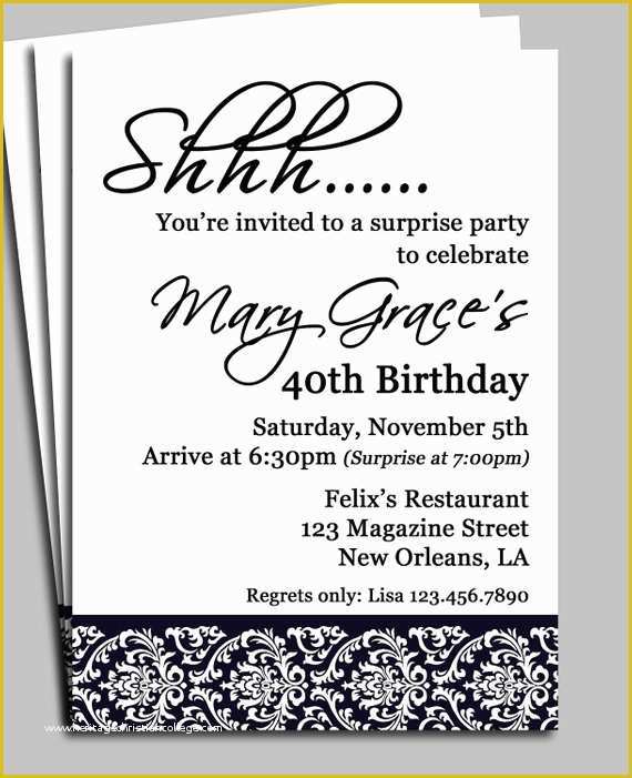 Surprise 60th Birthday Invitation Templates Free Of Black Damask Surprise Party Invitation Printable or Printed