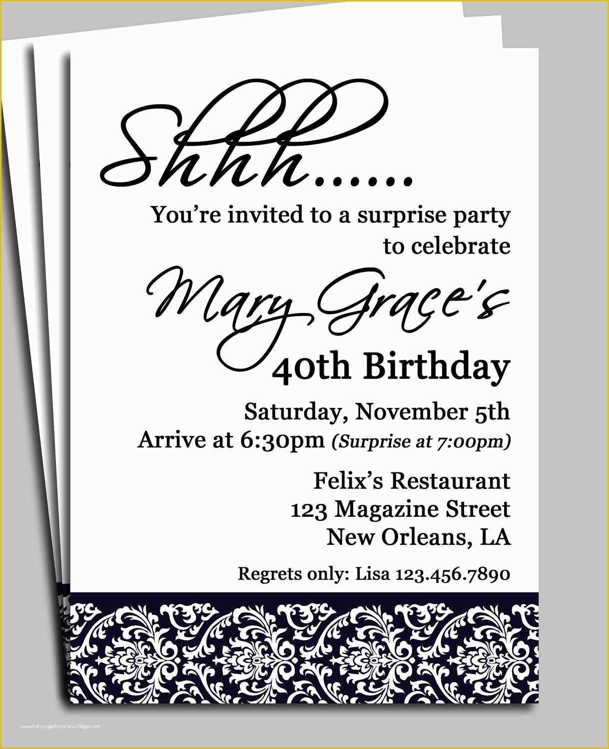 Surprise Party Invitations Templates Free Of Black Damask Surprise Party Invitation Printable or Printed