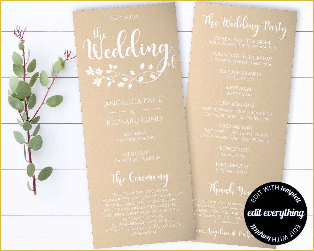 Tea Length Wedding Programs Templates Free Of Tea Length Rustic Wedding Program Template Kraft Wedding