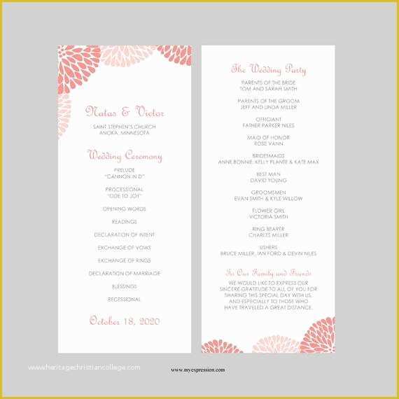 Tea Length Wedding Programs Templates Free Of Wedding Program Template Tea Length Flower Blooms Coral