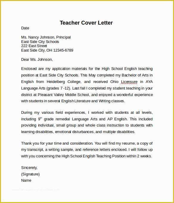 Teacher Cover Letter Template Free Of 10 Teacher Cover Letter Examples Download for Free