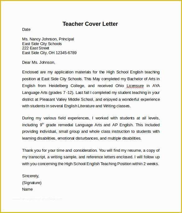 Teacher Cover Letter Template Free Of 10 Teacher Cover Letter Examples Download for Free