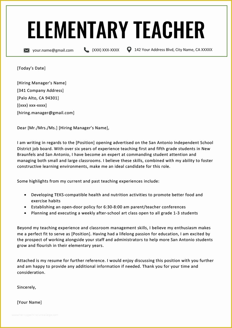 Teacher Cover Letter Template Free Of Elementary Teacher Cover Letter Example & Writing Tips