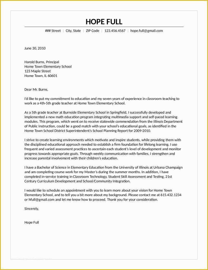Teacher Cover Letter Template Free Of Elementary Teacher Cover Letter