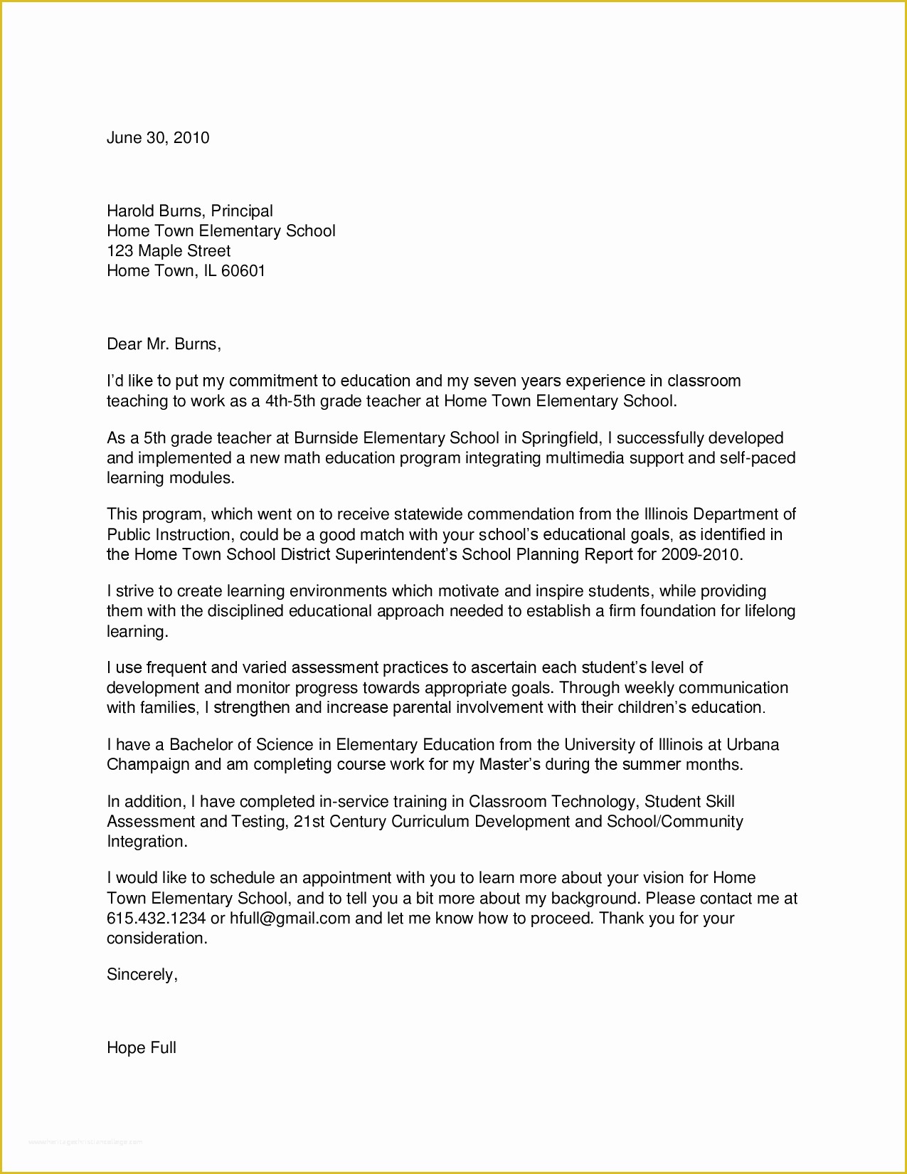 cover letter elementary teacher template