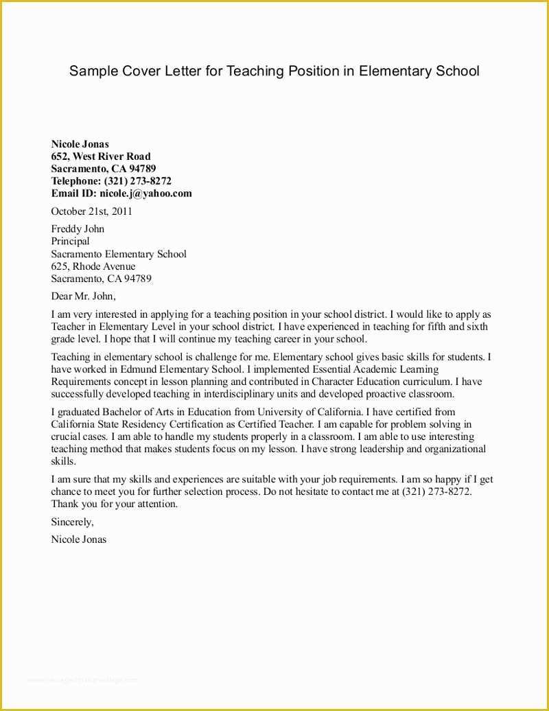 Teacher Cover Letter Template Free Of Elementary Teacher Resume Cover Letter Examples