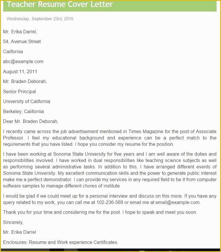 Teacher Cover Letter Template Free Of Free Sample Letters format Examples and Templates