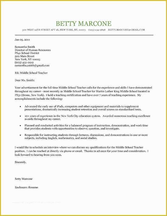 Teacher Cover Letter Template Free Of Middle School Teacher Cover Letter Example