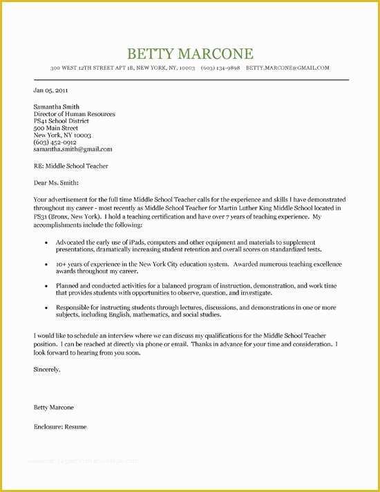 Teacher Cover Letter Template Free Of Middle School Teacher Cover Letter