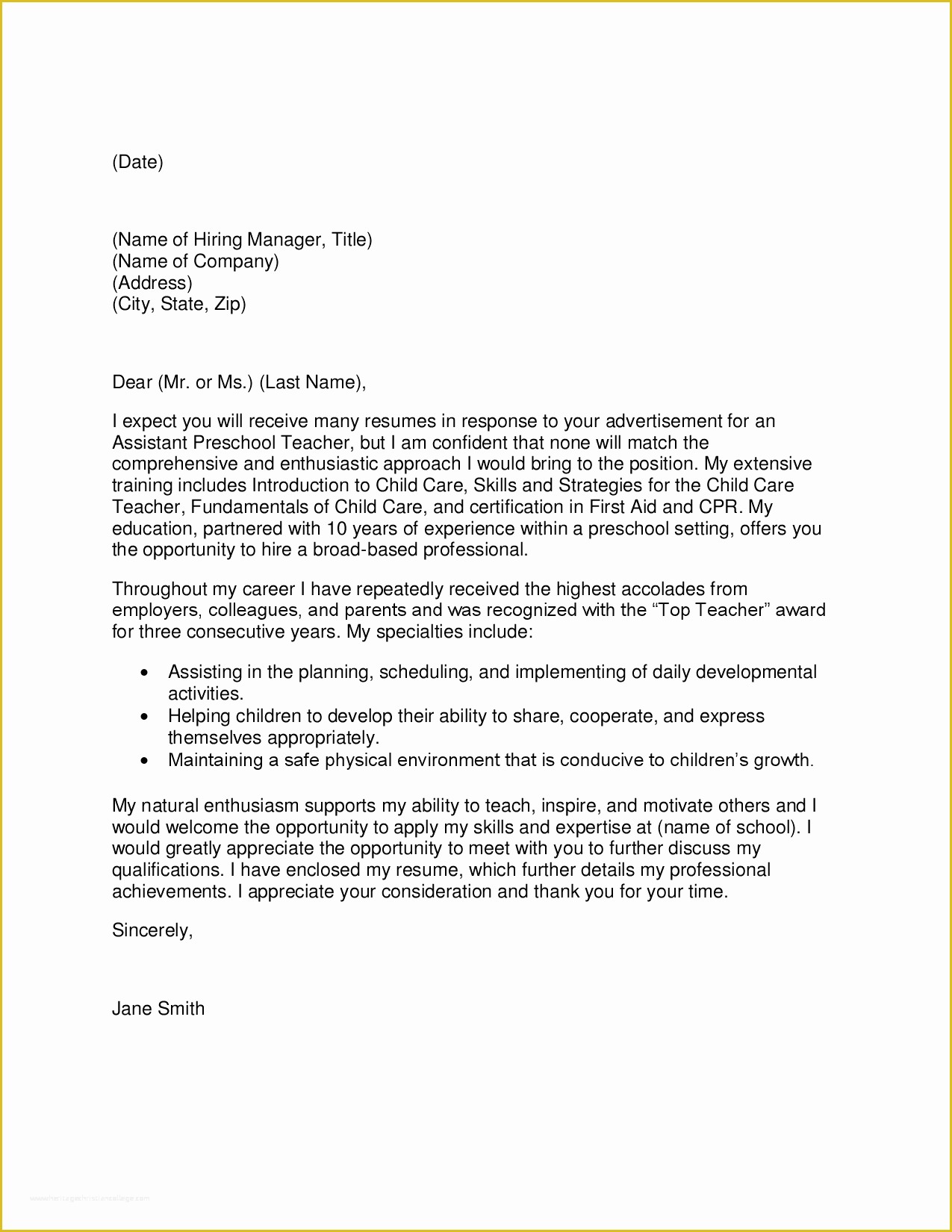 Teacher Cover Letter Template Free Of Preschool Teacher Cover Letter