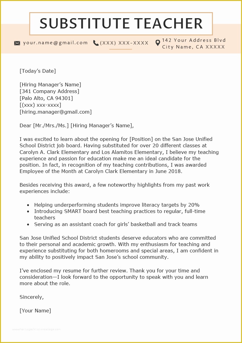 Teacher Cover Letter Template Free Of Substitute Teacher Cover Letter Example & Writing Tips