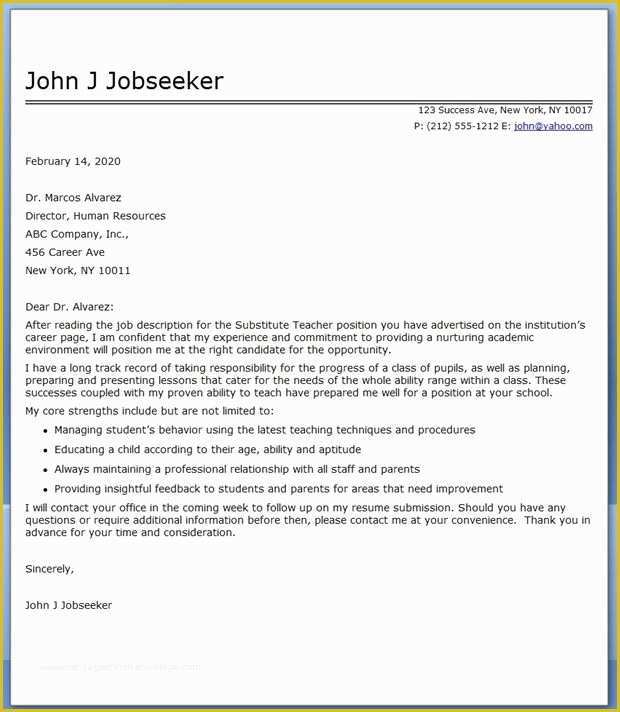 Teacher Cover Letter Template Free Of Substitute Teacher Cover Letter Examples