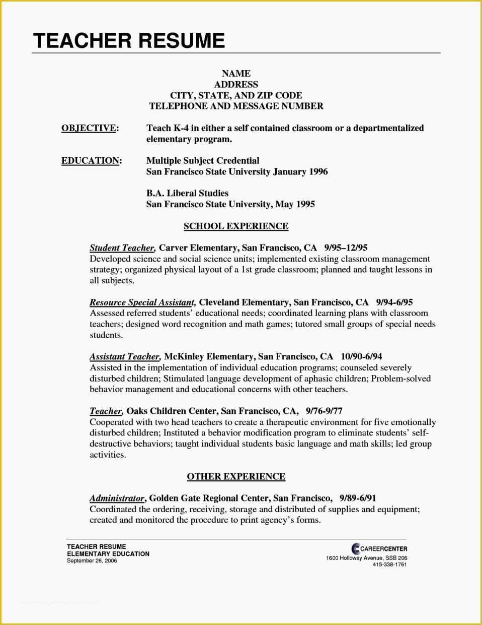 Teacher Resume Template Free Of Elementary Teacher Applying for Middle School Sample