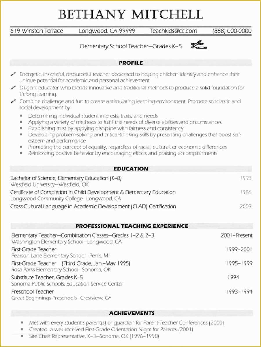 Teacher Resume Template Free Of Free Teacher Resume Templates Pics – 50 Teacher Resume