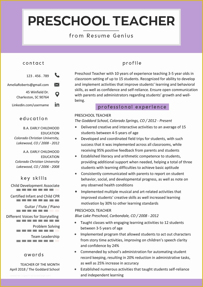 Teacher Resume Template Free Of Preschool Teacher Resume Samples & Writing Guide