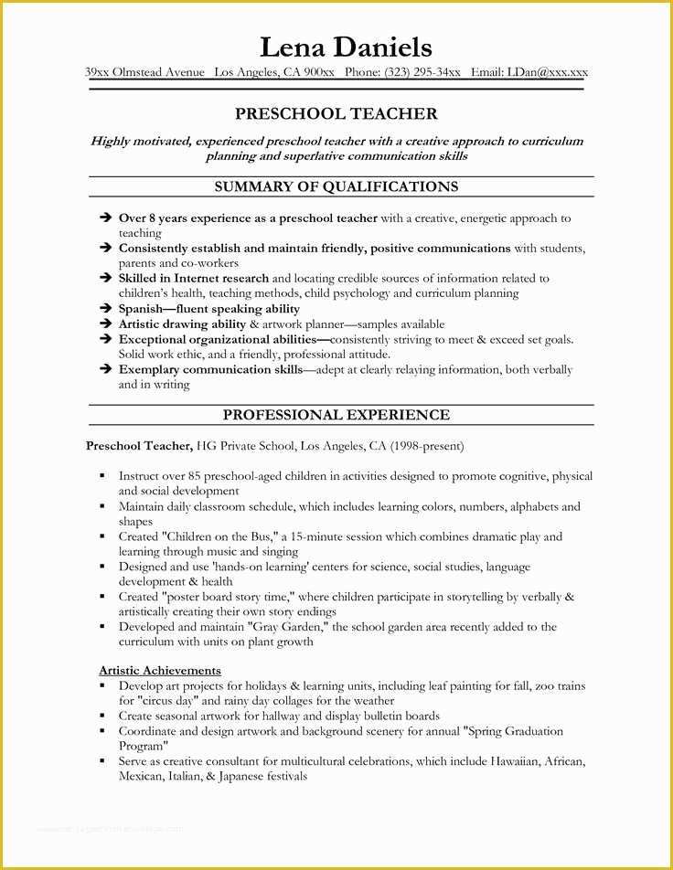 Teacher Resume Template Free Of Preschool Teacher Resume Template