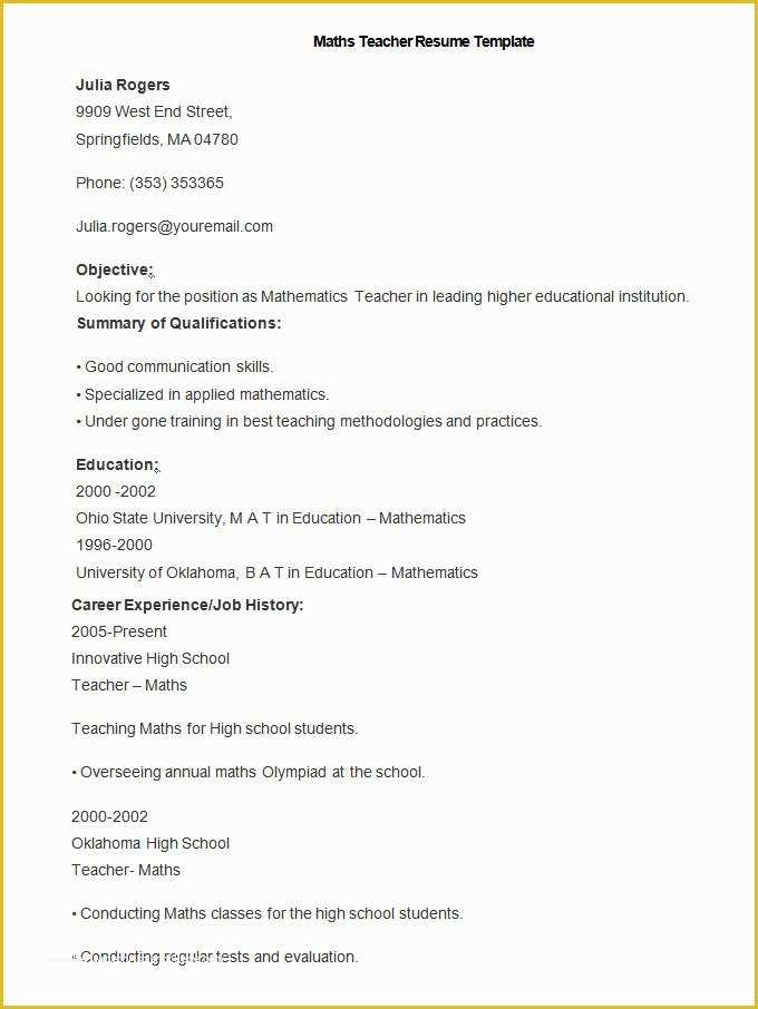 Teacher Resume Template Free Of Resume Templates – 127 Free Samples Examples & format