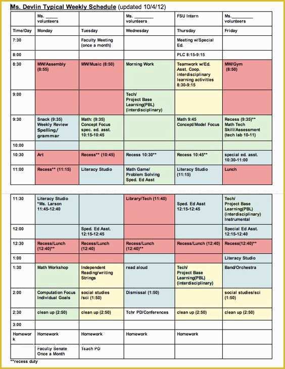 Teacher Schedule Template Free Of Classroom Schedule Template for Teachers