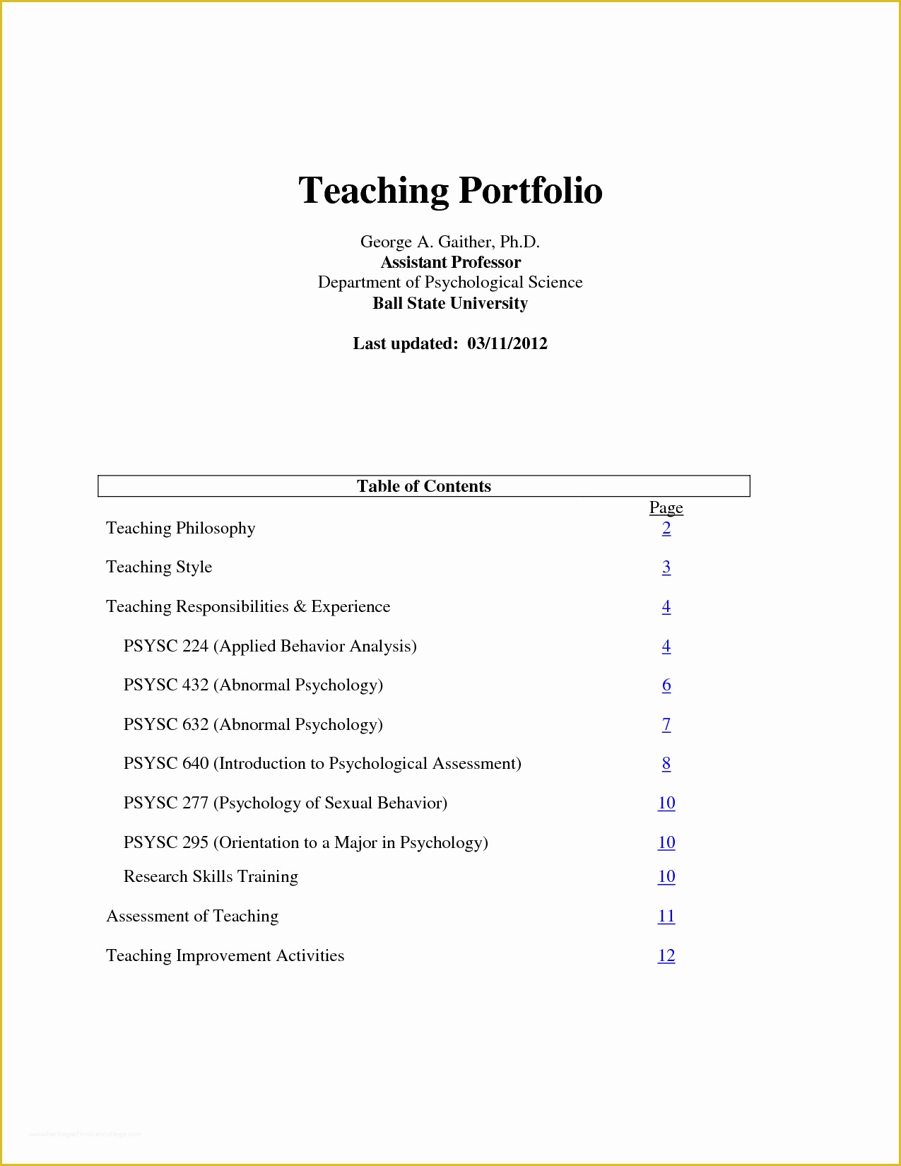 Teaching Portfolio Template Free Of Best S Of Portfolio Table Contents Example