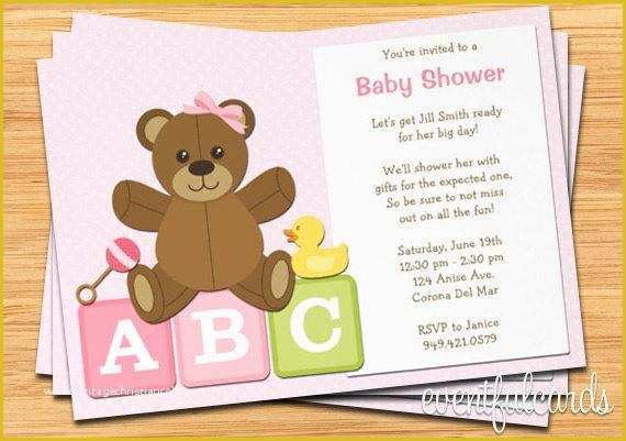 Teddy Bear Baby Shower Invitations Templates Free Of Baby Shower Invitation Teddy Bear Rattle and Ducky Pink